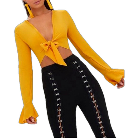 PrettyLittleThing NWT Mustard Tie Front Frill Sleeve Cropped Blouse - Picture 1 of 13